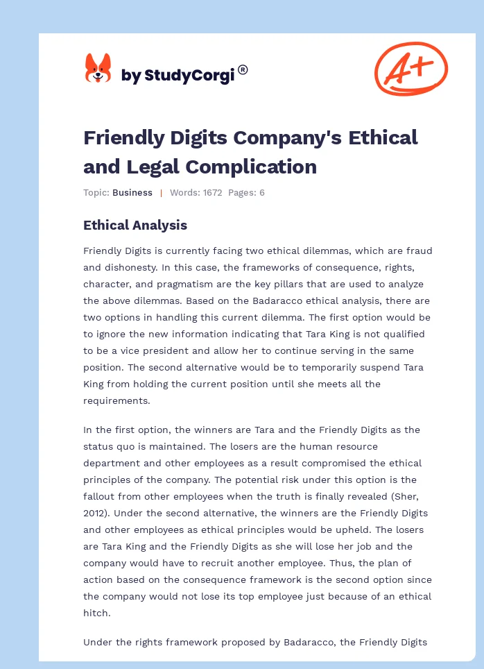 Friendly Digits Company's Ethical and Legal Complication. Page 1