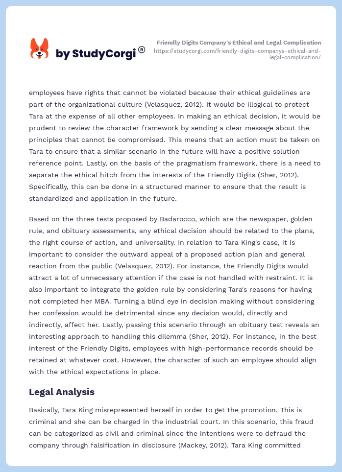 Friendly Digits Company's Ethical and Legal Complication. Page 2