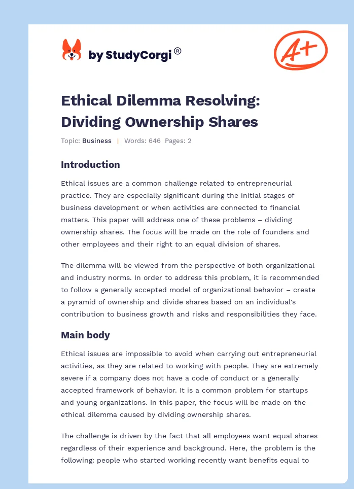 Ethical Dilemma Resolving: Dividing Ownership Shares. Page 1