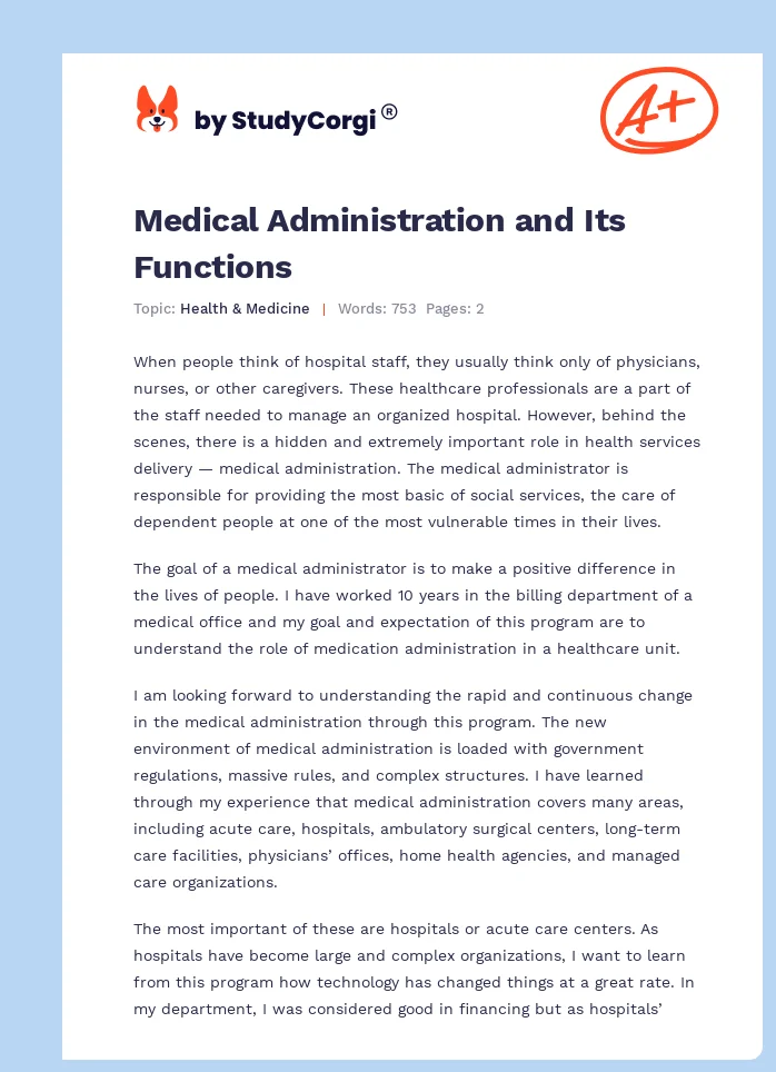 Medical Administration and Its Functions. Page 1