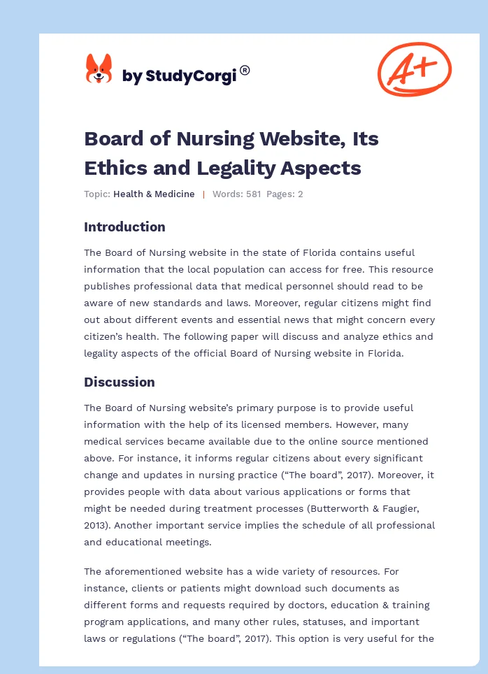 Board of Nursing Website, Its Ethics and Legality Aspects. Page 1