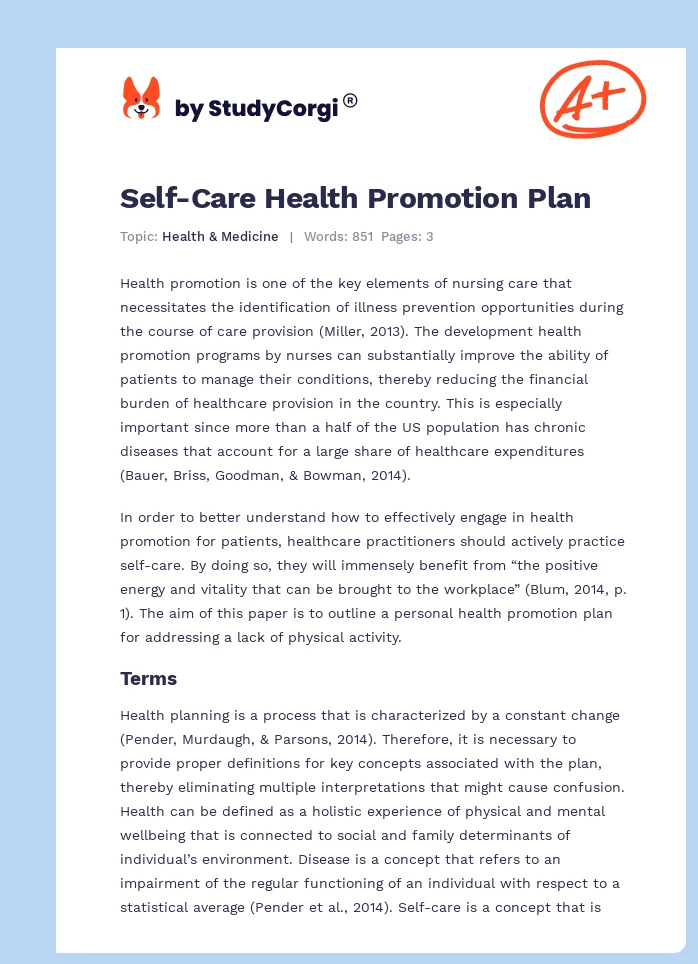 Self-Care Health Promotion Plan. Page 1
