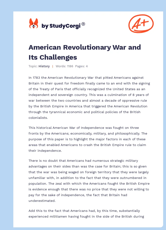 American Revolutionary War and Its Challenges. Page 1