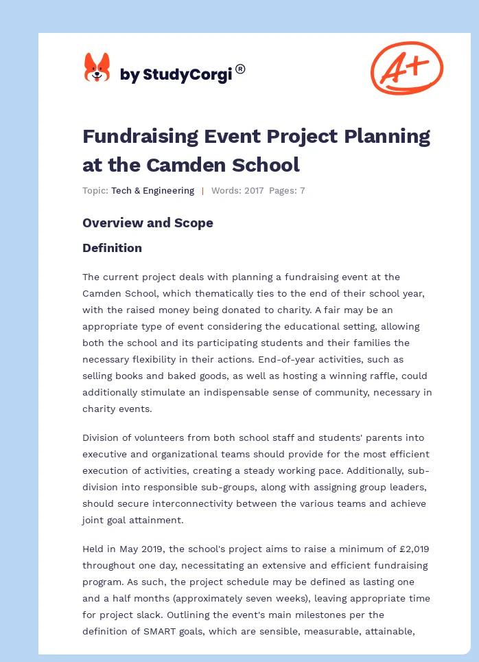 Fundraising Event Project Planning at the Camden School. Page 1