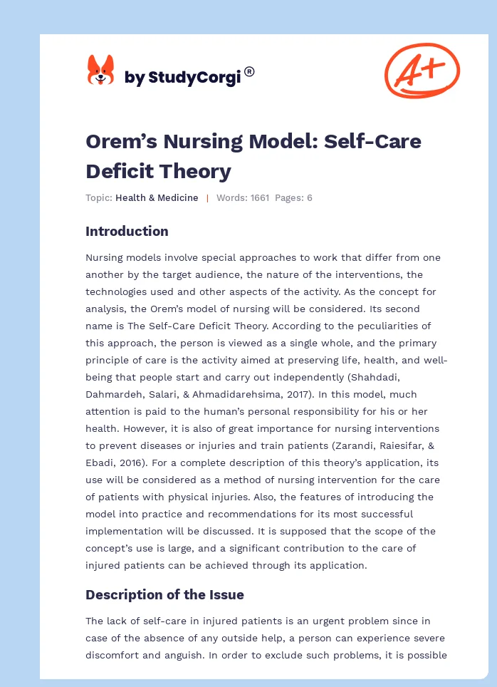 Orem’s Nursing Model: Self-Care Deficit Theory. Page 1