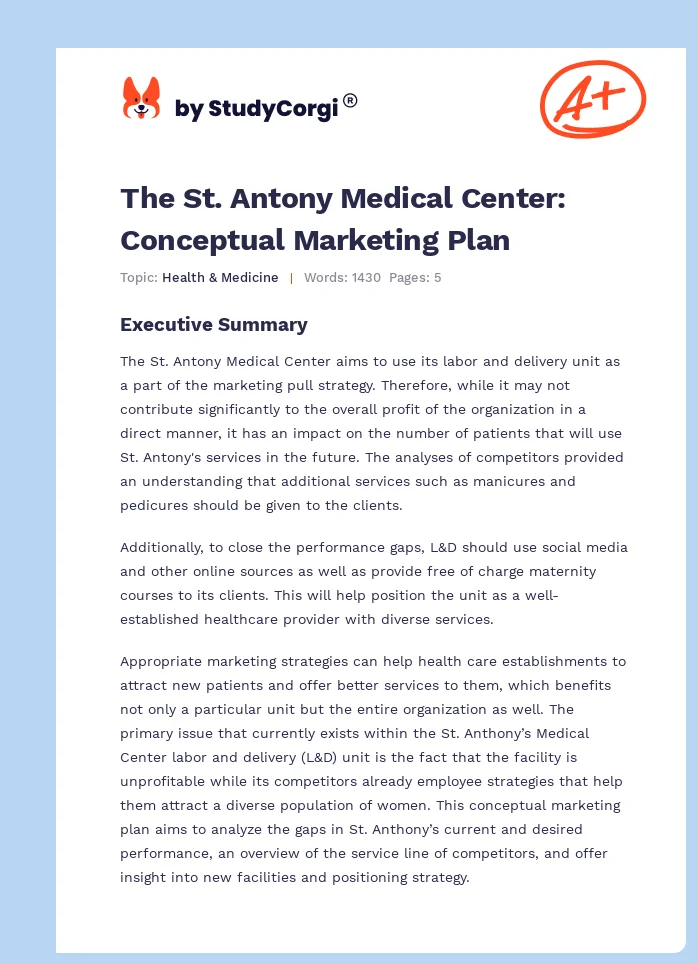 The St. Antony Medical Center: Conceptual Marketing Plan. Page 1