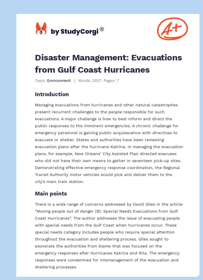 Disaster Management: Evacuations from Gulf Coast Hurricanes. Page 1