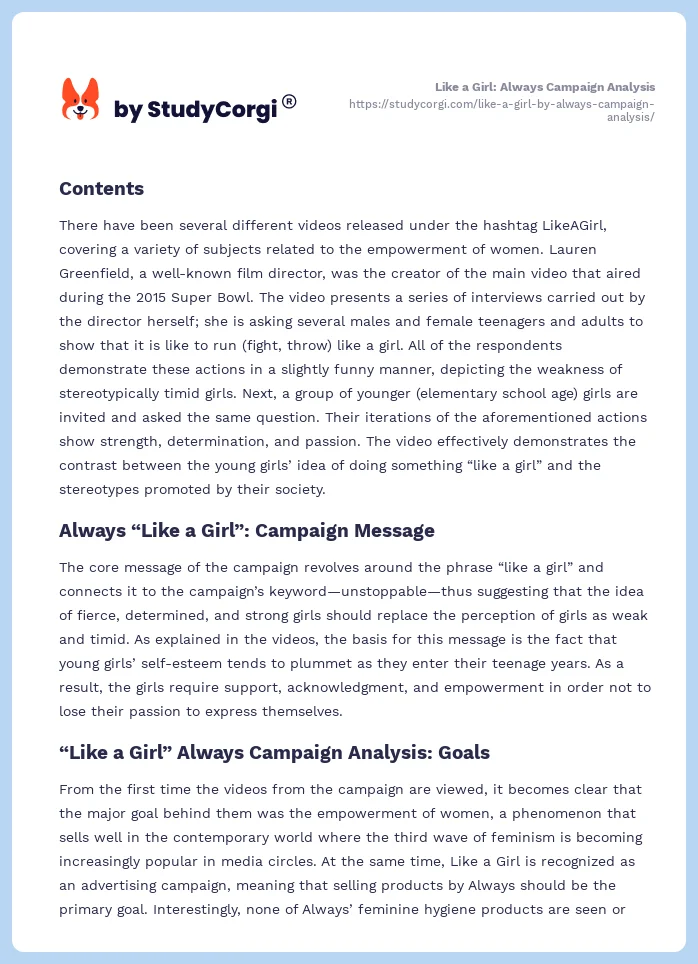 Like a Girl: Always Campaign Analysis. Page 2