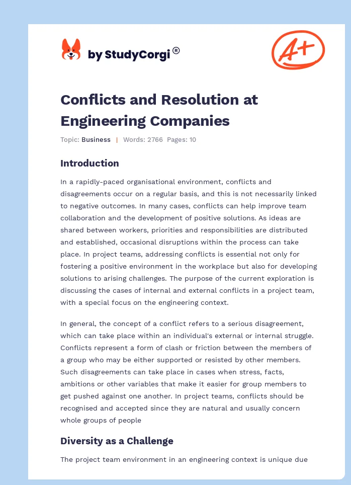 Conflicts and Resolution at Engineering Companies. Page 1