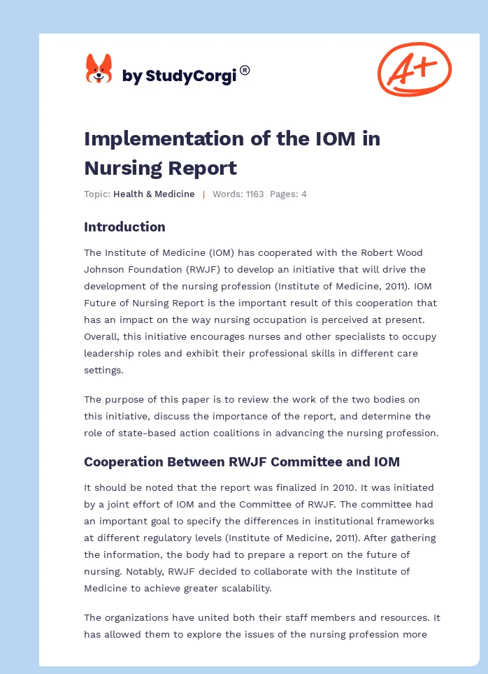 Implementation of the IOM in Nursing Report. Page 1