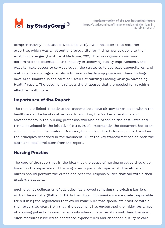 Implementation of the IOM in Nursing Report. Page 2