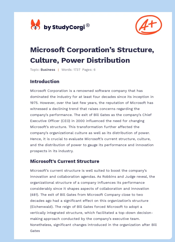 Microsoft Corporation’s Structure, Culture, Power Distribution. Page 1