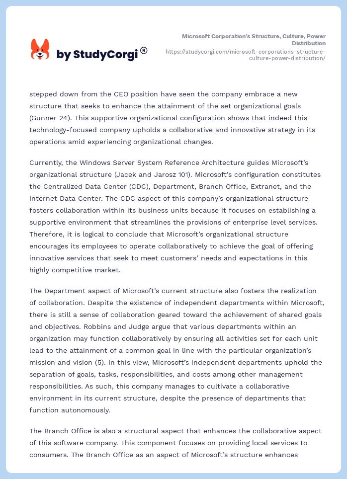 Microsoft Corporation’s Structure, Culture, Power Distribution. Page 2