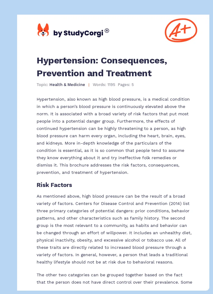 Hypertension: Consequences, Prevention and Treatment. Page 1