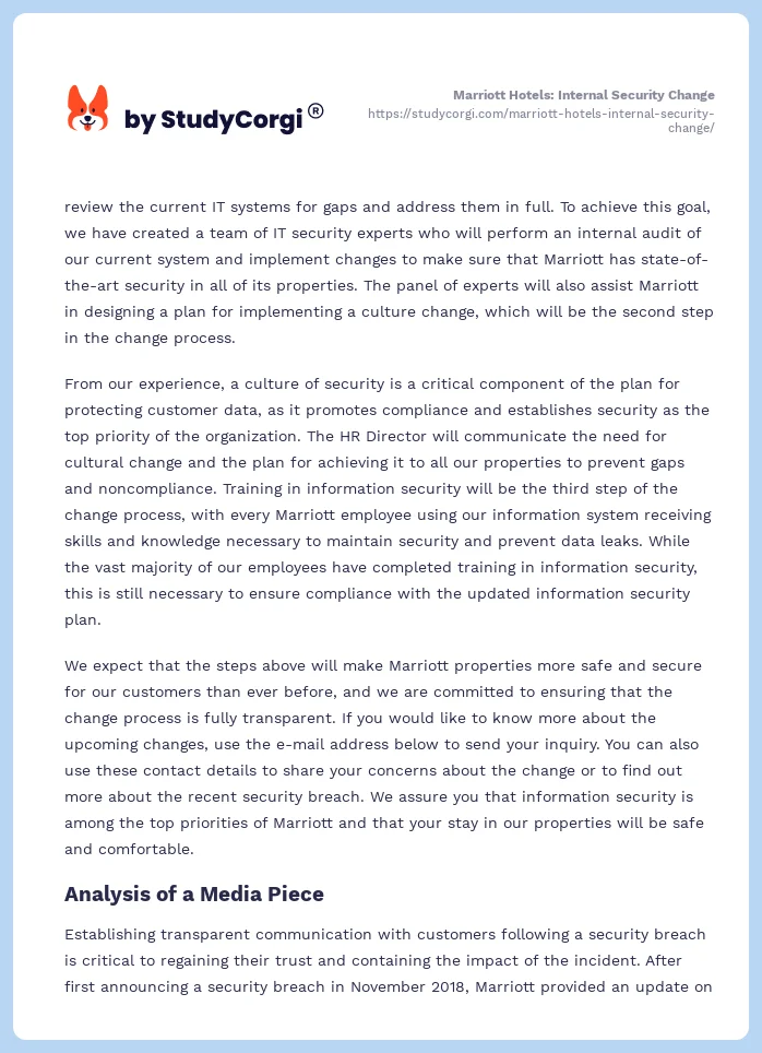 Marriott Hotels: Internal Security Change. Page 2