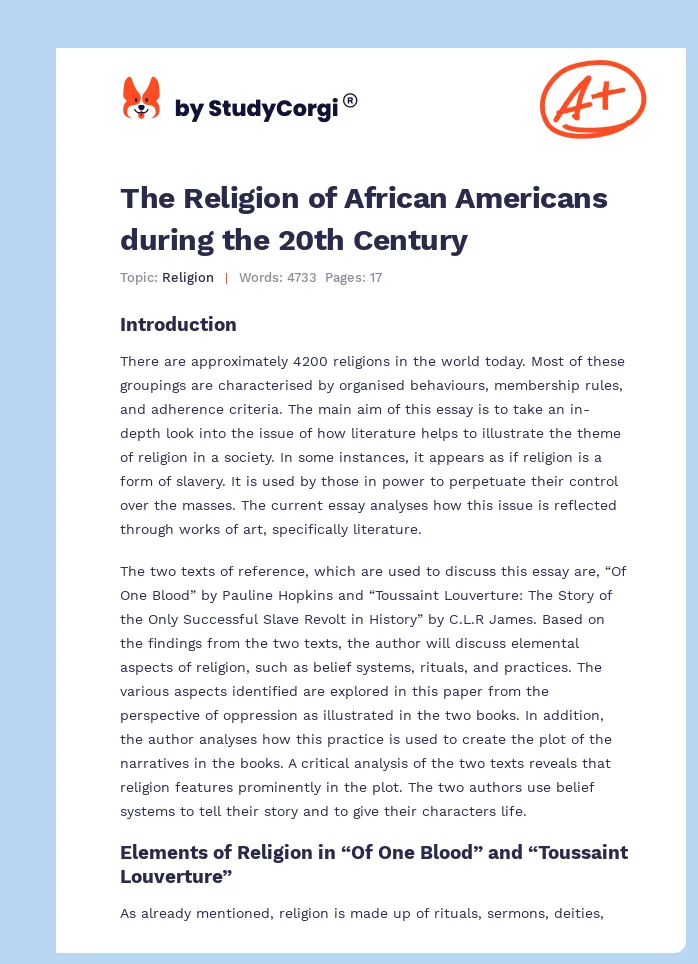The Religion of African Americans during the 20th Century. Page 1