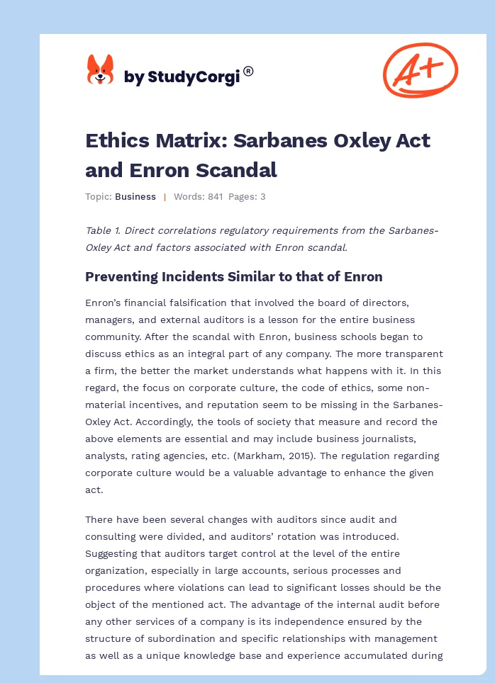 Ethics Matrix: Sarbanes Oxley Act and Enron Scandal. Page 1