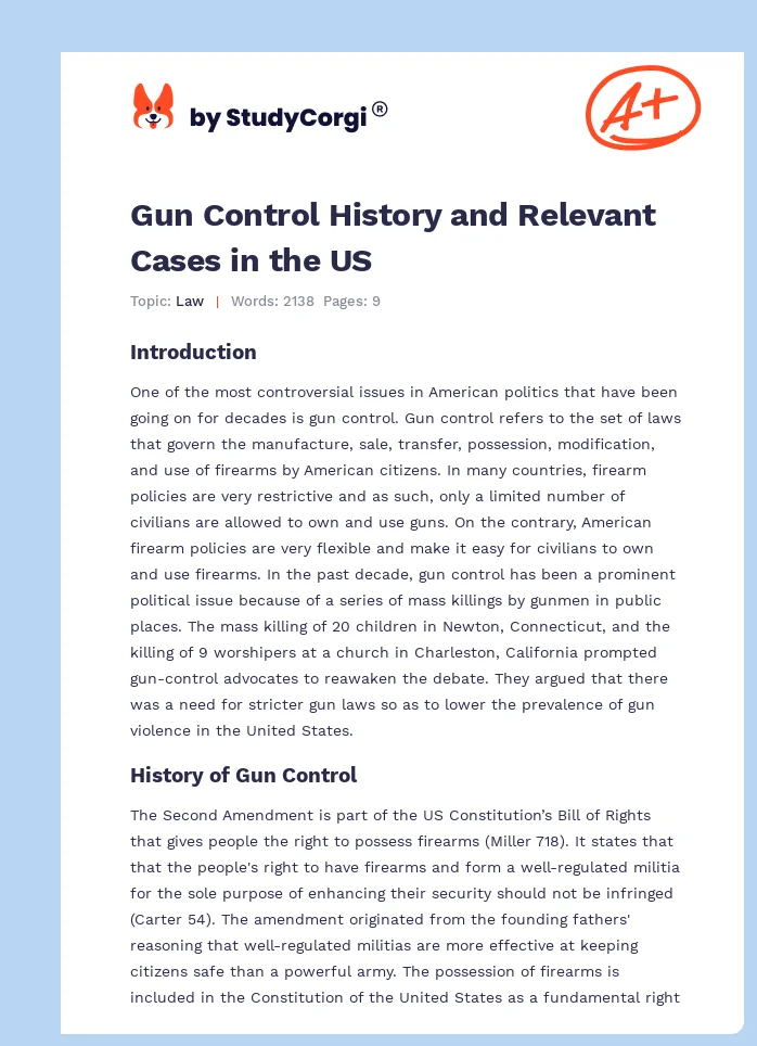 Gun Control History and Relevant Cases in the US. Page 1