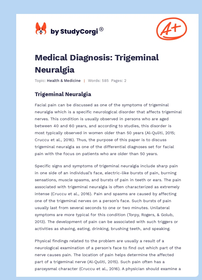 Medical Diagnosis: Trigeminal Neuralgia. Page 1