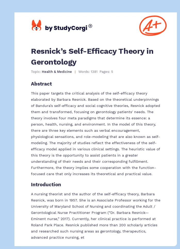 Resnick’s Self-Efficacy Theory in Gerontology. Page 1