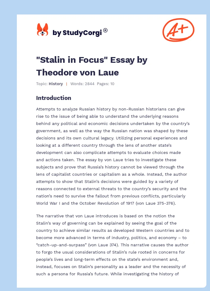 "Stalin in Focus" Essay by Theodore von Laue. Page 1