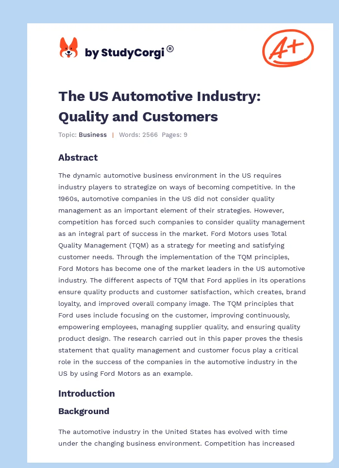 The US Automotive Industry: Quality and Customers. Page 1