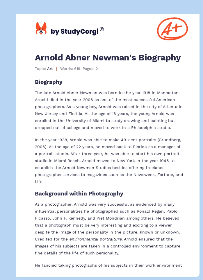 Arnold Abner Newman's Biography. Page 1