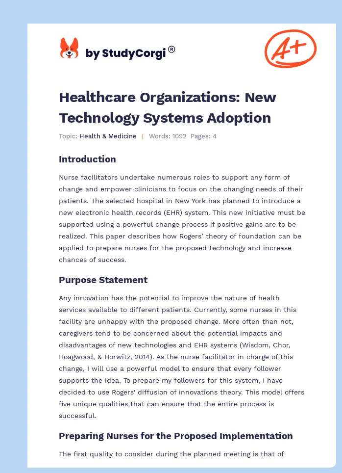 Healthcare Organizations: New Technology Systems Adoption. Page 1