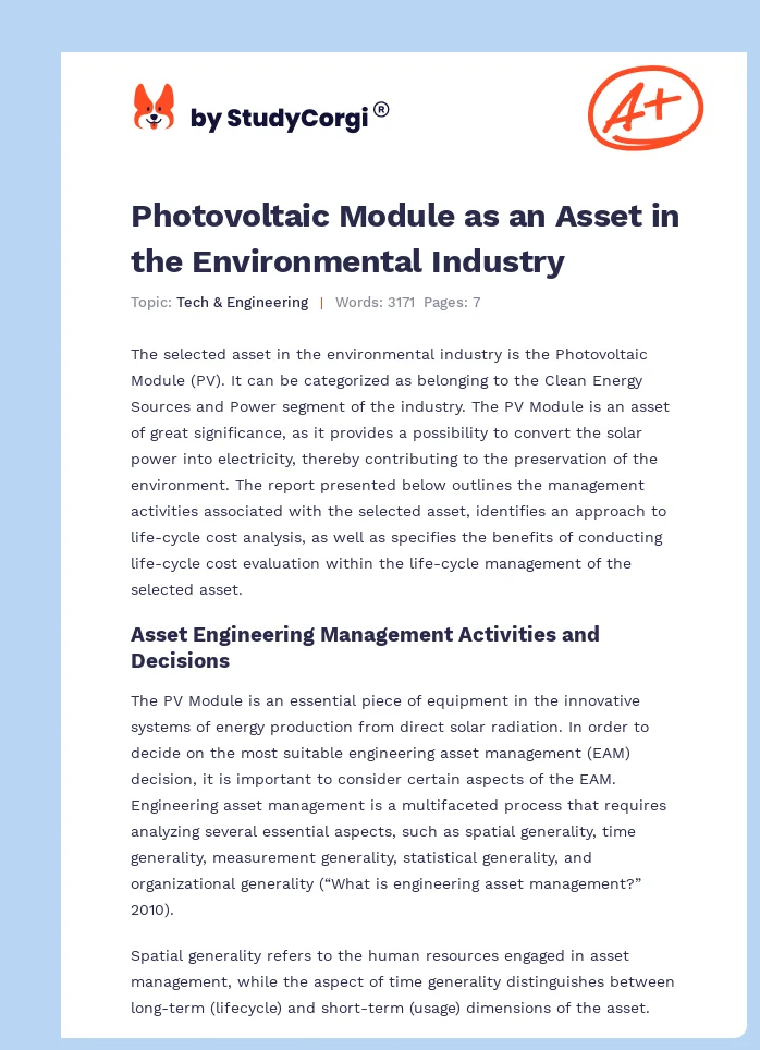 Photovoltaic Module as an Asset in the Environmental Industry. Page 1