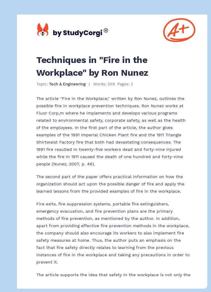 Techniques in "Fire in the Workplace" by Ron Nunez. Page 1