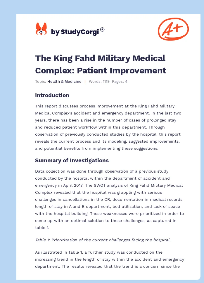 The King Fahd Military Medical Complex: Patient Improvement. Page 1