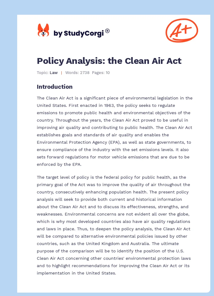 Policy Analysis: the Clean Air Act. Page 1