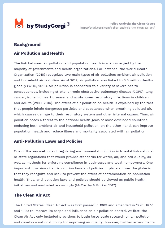 Policy Analysis: the Clean Air Act. Page 2