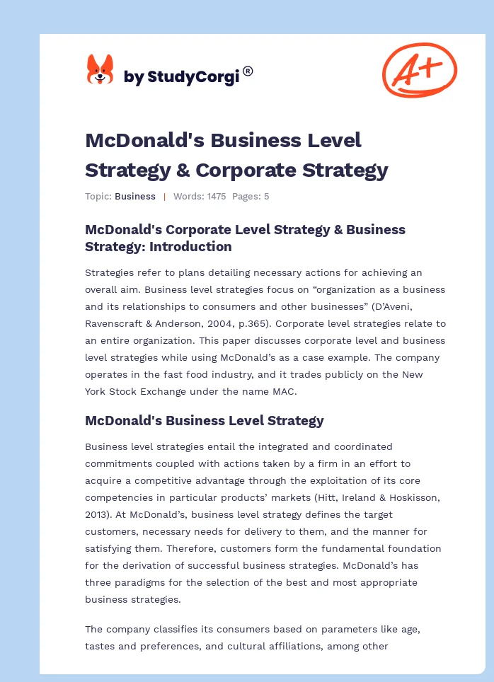 McDonald's Business Level Strategy & Corporate Strategy. Page 1