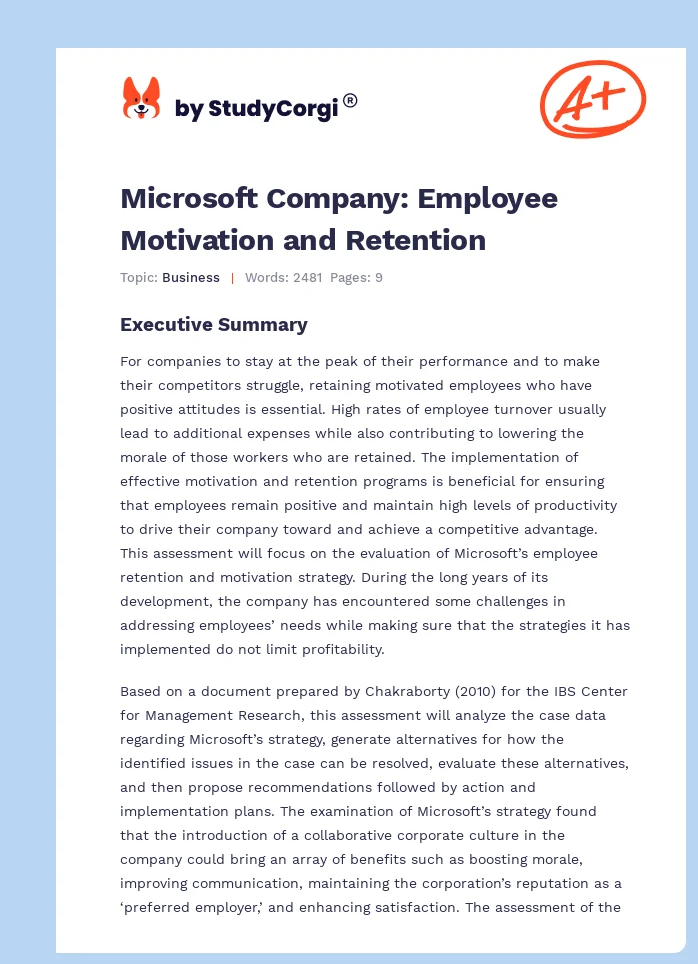 Microsoft Company: Employee Motivation and Retention. Page 1