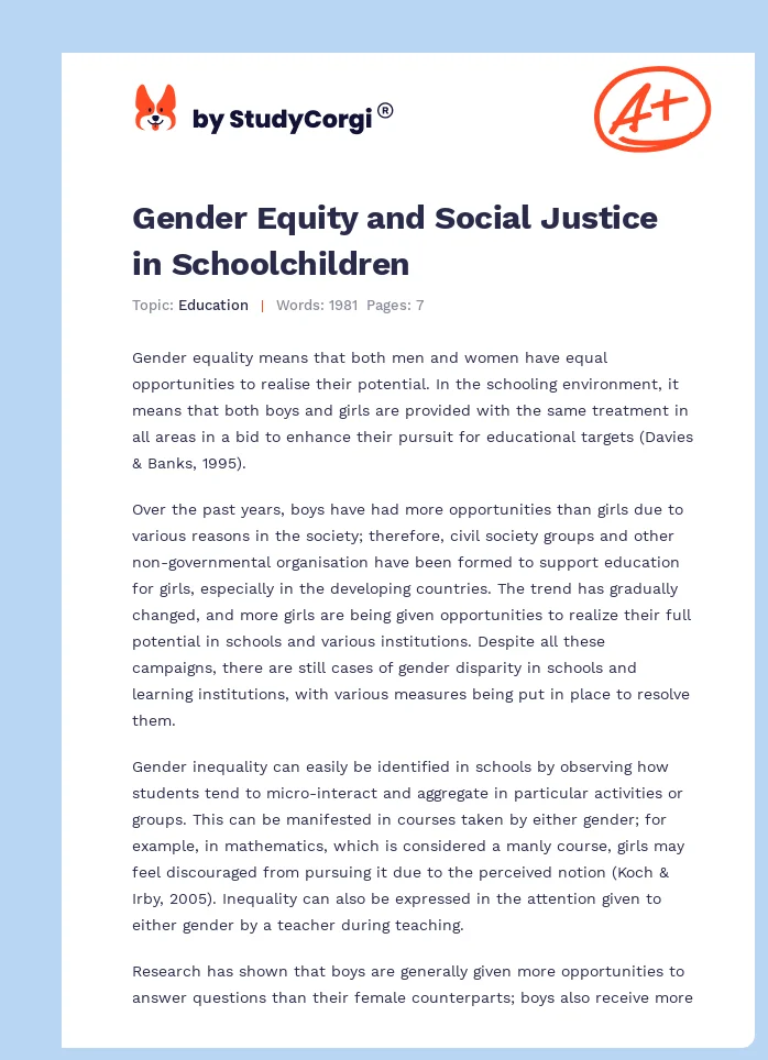 Gender Equity and Social Justice in Schoolchildren. Page 1