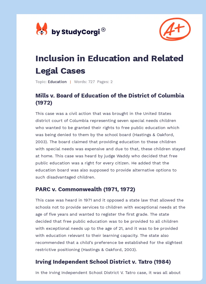 Inclusion in Education and Related Legal Cases. Page 1