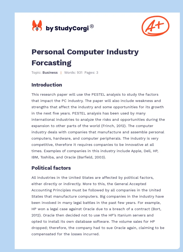Personal Computer Industry Forcasting. Page 1