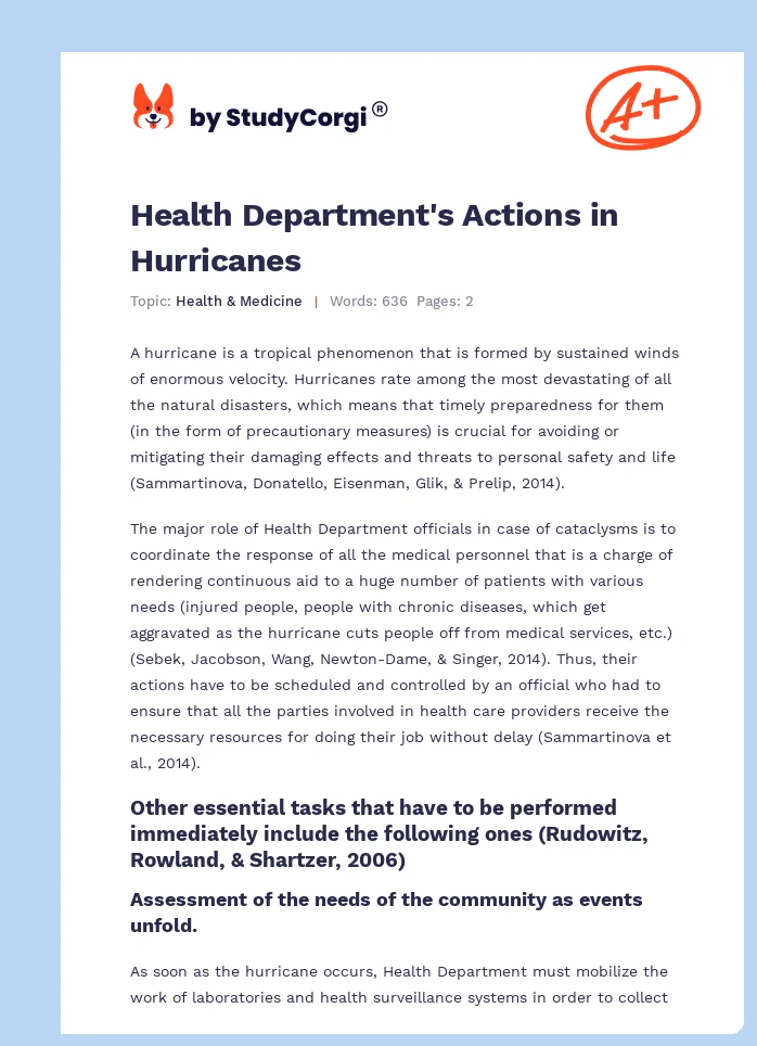 Health Department's Actions in Hurricanes. Page 1