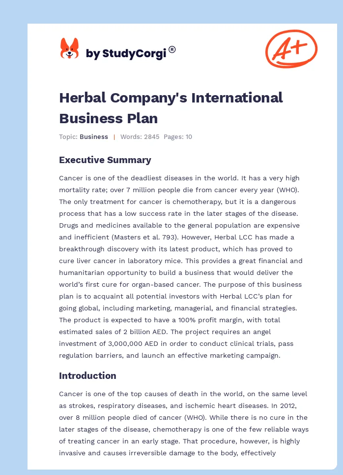 Herbal Company's International Business Plan. Page 1