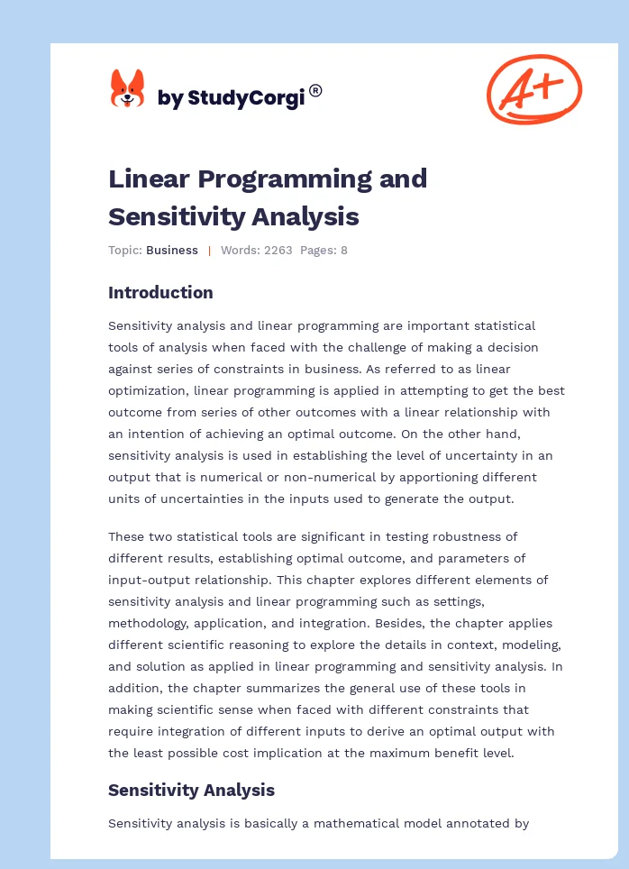 Linear Programming and Sensitivity Analysis. Page 1