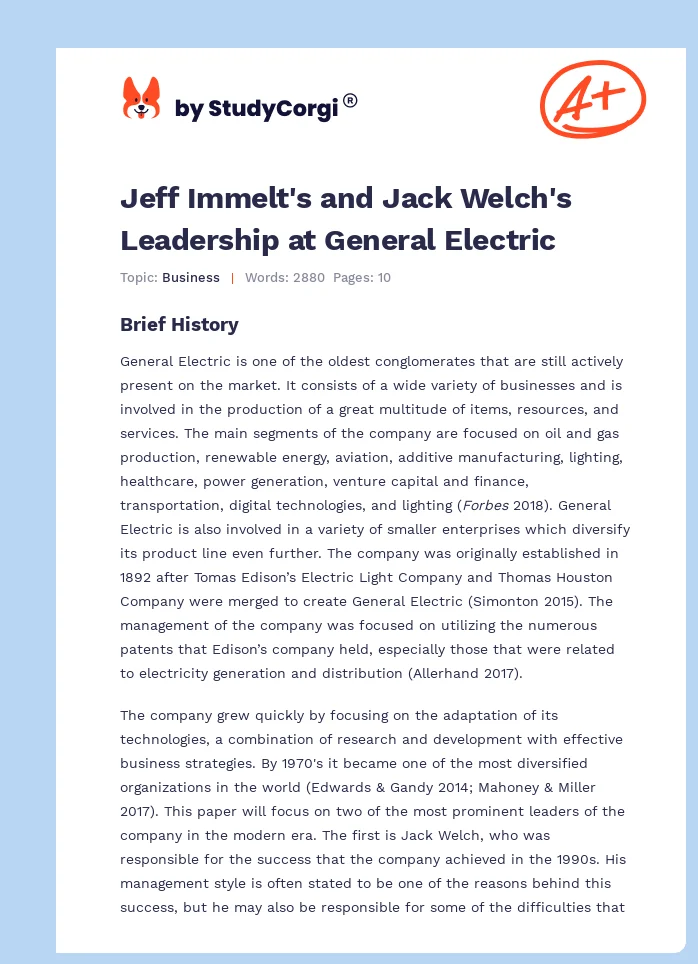 Jeff Immelt's and Jack Welch's Leadership at General Electric. Page 1