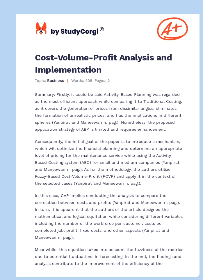 Cost-Volume-Profit Analysis and Implementation. Page 1