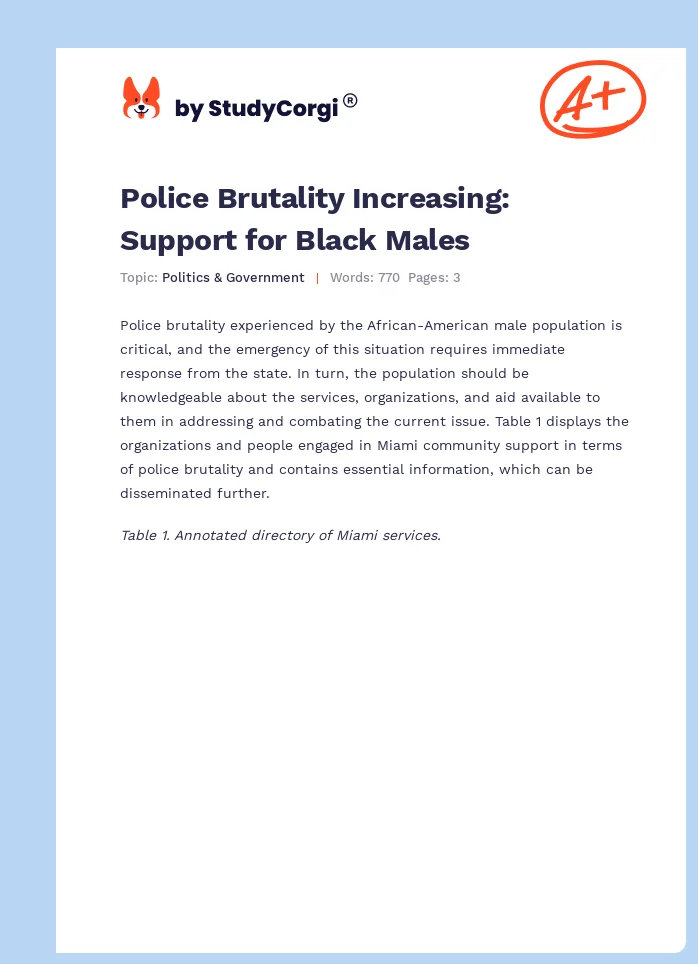 Police Brutality Increasing: Support for Black Males. Page 1