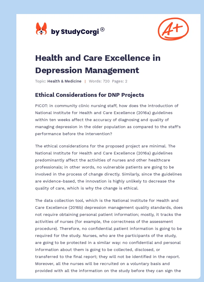Health and Care Excellence in Depression Management. Page 1