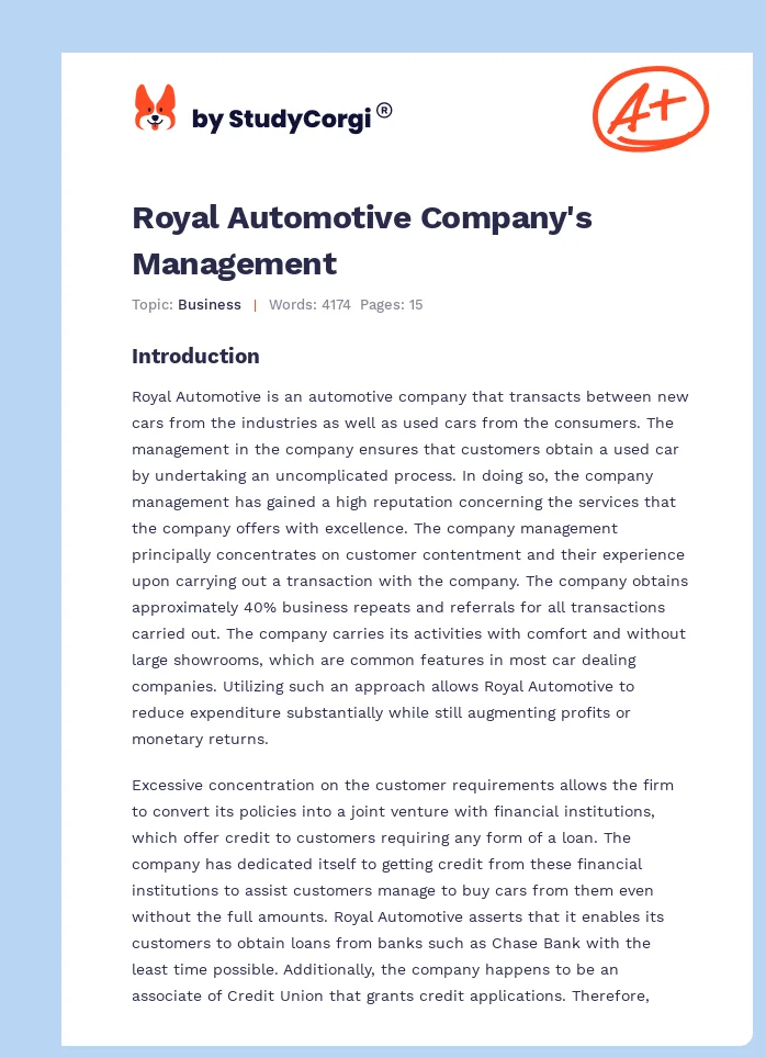 Royal Automotive Company's Management. Page 1