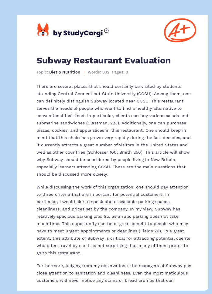 Subway Restaurant Evaluation. Page 1
