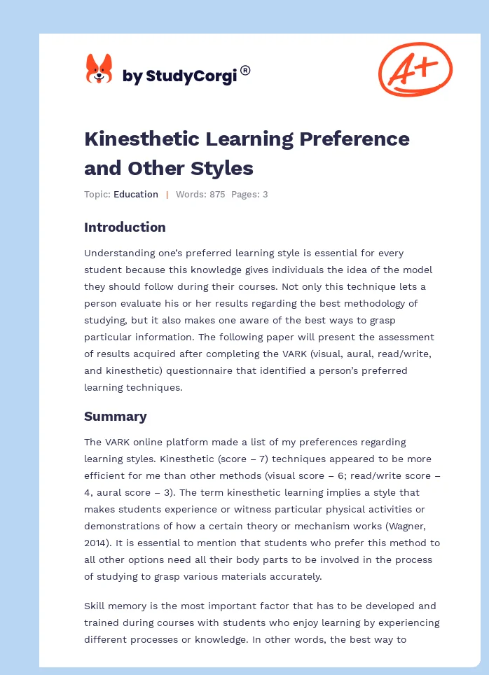 Kinesthetic Learning Preference and Other Styles. Page 1