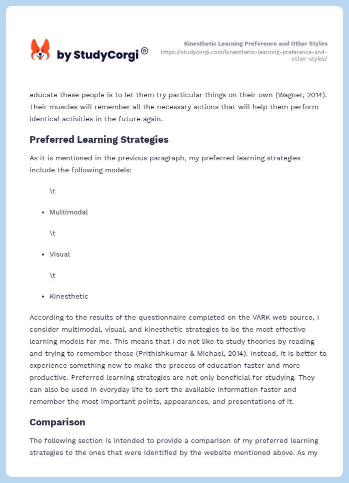 Kinesthetic Learning Preference and Other Styles. Page 2