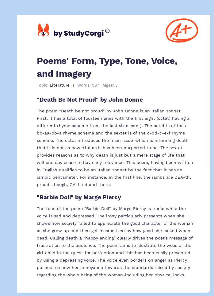 Poems Form Type Tone Voice And Imagery Free Essay Example